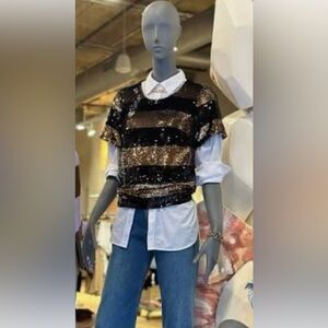 NWT Anthropologie  - Maeve - Short-Sleeve Sequin
Striped Top - Size Medium